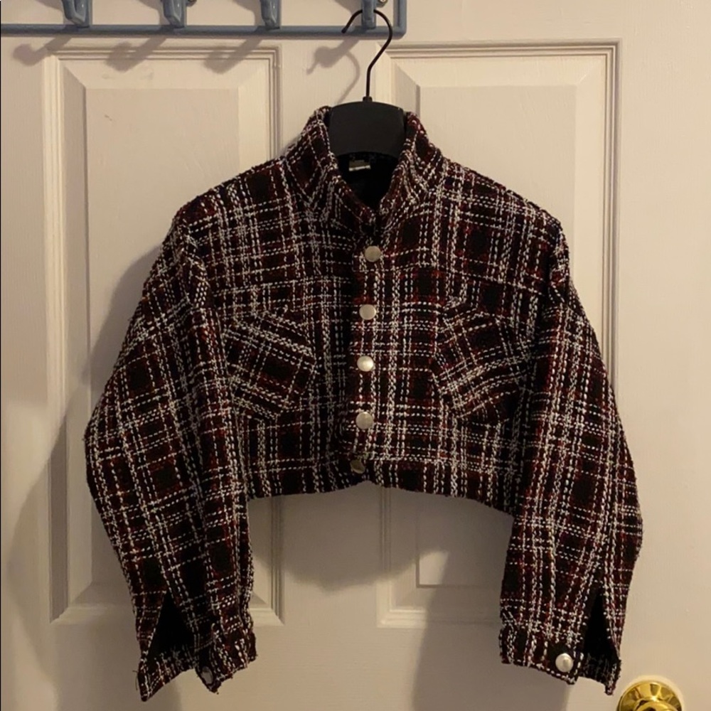 Sandro style boxy tweed jacket short style